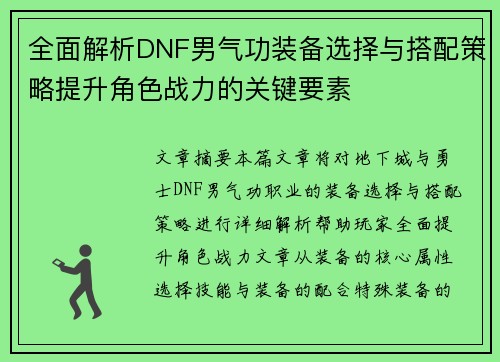全面解析DNF男气功装备选择与搭配策略提升角色战力的关键要素 全面解析DNF男气功装备选择与搭配策略提升角色战力的关键要素